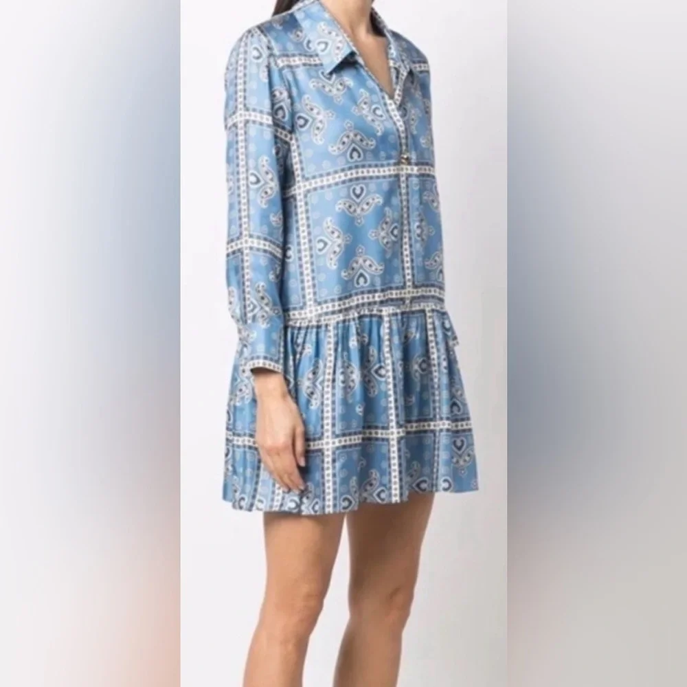 Sandro Blue Paisley Long Sleeve Collared Chloe Silk Mini Dress **Size 40/US 8** - Picture 3 of 12